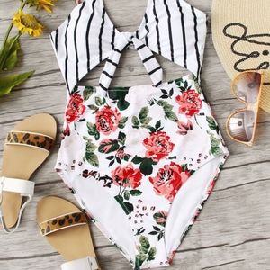 Floral and Striped One-Piece Swimsuit